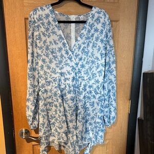 Blue Floral Wrap Romper with Ruffle Hem